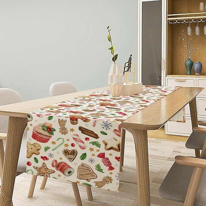 Christmas Table Runner, Christmas Gingerbread New Year Xmas Table Cloth Kitchen Dining Table Decoration for Home Party Decor 13x120 Inch