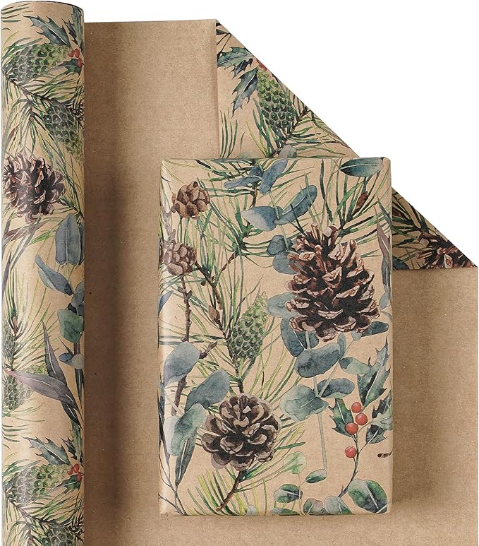 RUSPEPA 30" X 100' Kraft Christmas Wrapping Large Paper Roll, Jumbo Roll, Watercolor Pinecone and Eucalyptus Leaf Design, Kraft Gift Wrap for Christmas, Winter Holiday Party, Rustic Natural Theme