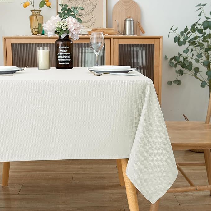 Biscaynebay Textured Fabric Square Tablecloths 70x70 Inches, Ivory Water Resistant Card Table Cloth Folding Table Cover for Dining, Kitchen, Wedding and Parties etc. Machine Washable