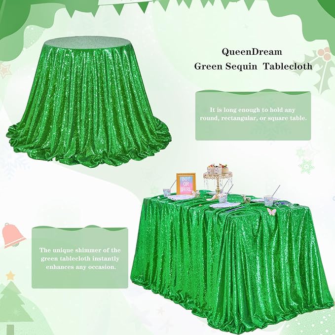 QueenDream Sequin Tablecloth - Green Party Tablecloth 90x156 Inch Green Glitter Table Cloth Sequin Fabric for Birthday Birdal Baby Shower Wedding