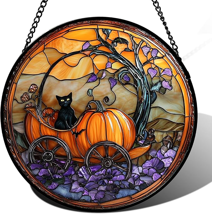 Stained Glass Window Hanging - Halloween Pumpkin Carriage Black Cat Suncatcher for Doors Window Garden Spooky Sun Catchers Gothic Decor Horror Gifts for Women Men Friend Boy Girl 15 in
