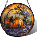 Stained Glass Window Hanging - Halloween Pumpkin Carriage Black Cat Suncatcher for Doors Window Garden Spooky Sun Catchers Gothic Decor Horror Gifts for Women Men Friend Boy Girl 15 in