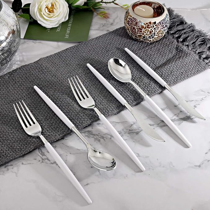 WELLIFE 144 Pack Silver Plastic Cutlery, Disposable Silver Flatware Includes： 48 Forks, 48 Knives and 48 Spoons, Suitable for Parties and Wedding for Wedding