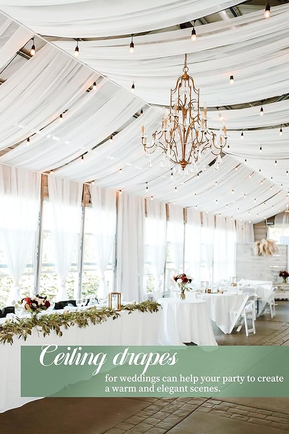 6 Panels White Wedding Ceiling Drapes 5ftx40ft Ceiling Drapes Chiffon Fabric Arch Draping Sheer Curtains Soft Drapery Draping Wedding Ceiling Decorations for Party Ceremony Stage Swag