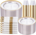 SUT 350 Pcs Gold and Clear Plastic Dinnerware Set for 50 Guests, Include: 50 Dinner Plates, 50 Dessert Plates, 50 Pre Rolled Napkins With Silverware, 50 Cups, Disposable Plates for Party, Wedding