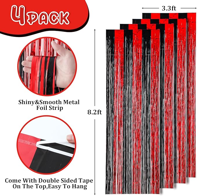4 Pack 3.3x8.2 Feet Red and Black Foil Fringe Backdrop Curtains, Tinsel Streamers Birthday Party Decorations, Fringe Backdrop for Graduation, Baby Shower, Gender Reveal, Disco Party