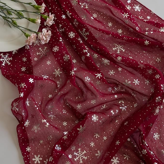 Silvery Snowflake Metallic Print Tulle Christmas Table Runner, Seasonal Winter Kitchen Dining Table Decoration for Home Party Decor 35x120 Inch (Burgundy)