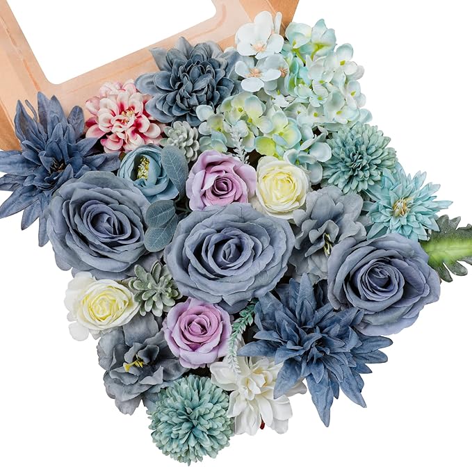 AmyHomie Blue Artificial Flowers Combo Silk Mix Peony Rose Hydrangea Fake Flowers w/Stem for DIY Wedding Bouquets Centerpieces Arrangements Table Decor Party Bridal Baby Shower Home Decorations