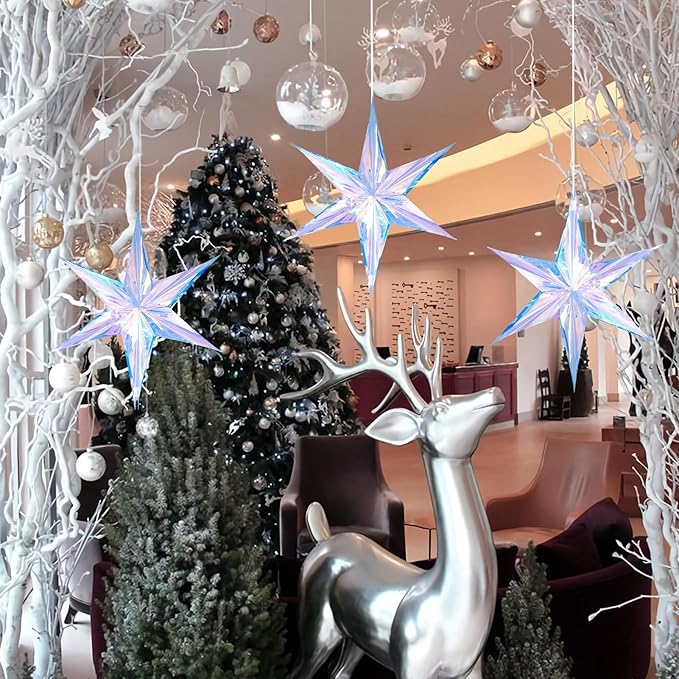 Dazzling Colorful Hexagonal Star Decoration Hanging Decorative Folding Rainbow Shine Party Ornaments for Christmas Tree Winter Party Birthday Wedding Frozen Theme Decoration