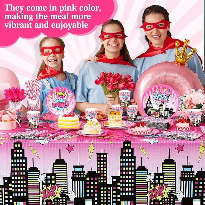 452 Pcs Girl Birthday Decorations for 50 Guests Pink Hero Paper Plates Napkins Cups Tablecloth Cutlery Straws for Pink Hero Girl Birthday Baby Shower Party Supplies