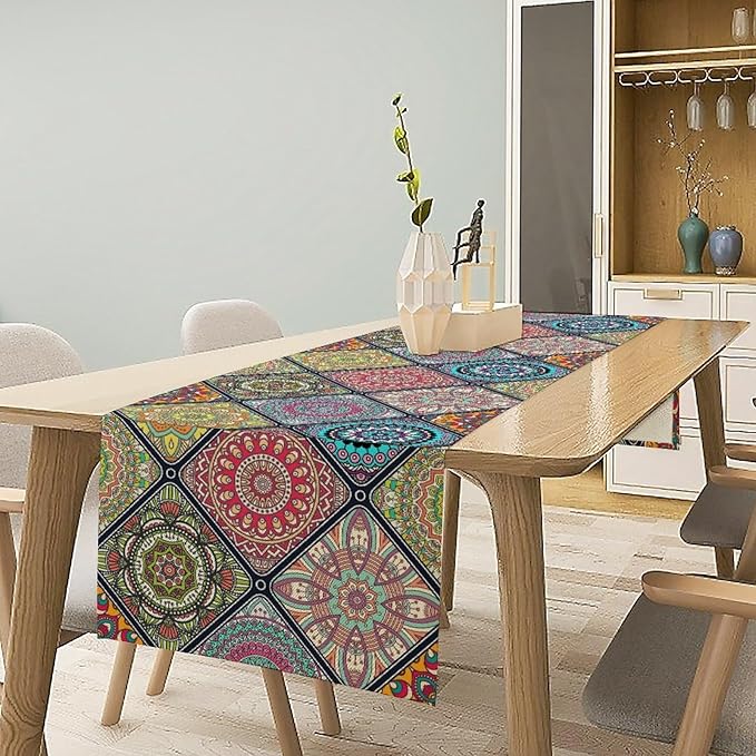 Boho Bohemian Table Runner, Vintage Indian Floral Print Table Cover for Farmhouse Kitchen Dining Table Decor Holiday Party, 13x108inch