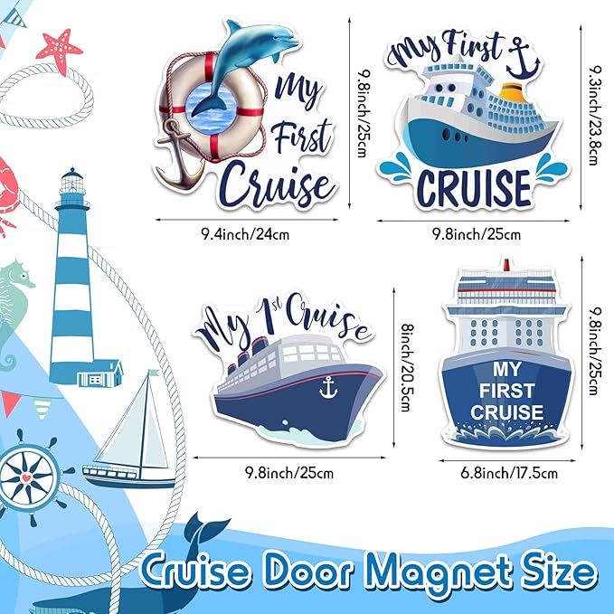 Hoteam 4 Pcs My First Cruise Door Decorations Magnetic Large My 1st Cruise Door Magnets Decor Funny Waterproof Anchor Life Preserver Ring Nautical Magnets for Carnival Cabin Stateroom Fridge Car