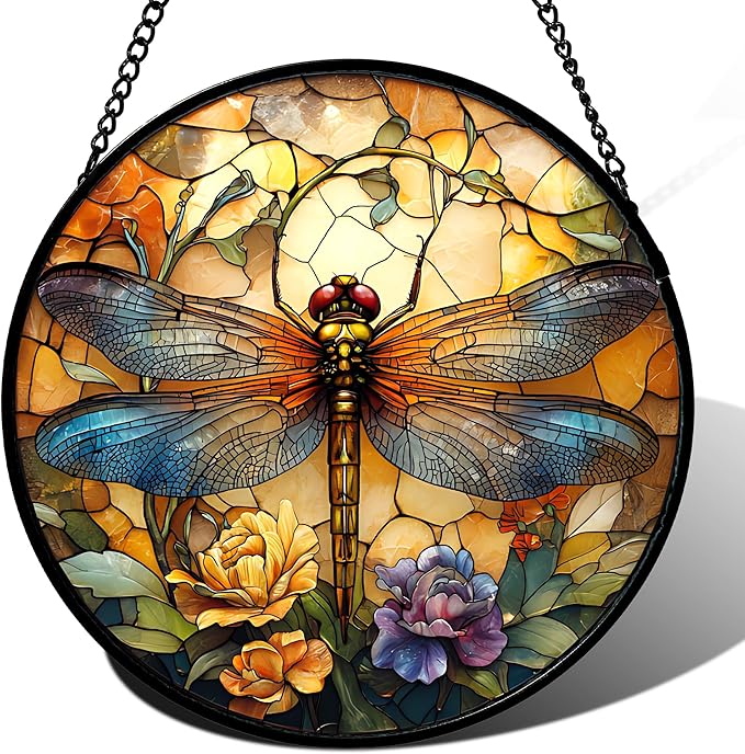 Stained Glass Window Hanging - Orange Blue Dragonfly Flower Suncatcher for Doors Window Home Sun Catchers Decor Christmas Mother's Day Birthday Outdoor Gifts for Women Men Mom Nana 7.8 in