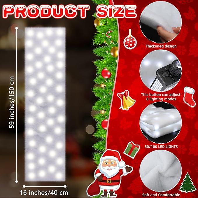 VIHOSE Christmas Snow Blanket with LED Lights String Pre Lit Artificial Fake Snow Blanket Roll Lighted Table Runner for Christmas Tree Village Display Winter Holiday Decor(White Light,59'' X 16'')