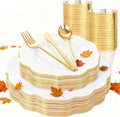 bUCLA 180PCS White and Gold Plastic Plates Disposable - White with Gold Rim Dinnerware Set Include 30 Guests Dinner & Dessert Plates, Cups, Cutlery Set for Wedding, Party & Thanksgiving Table Decor
