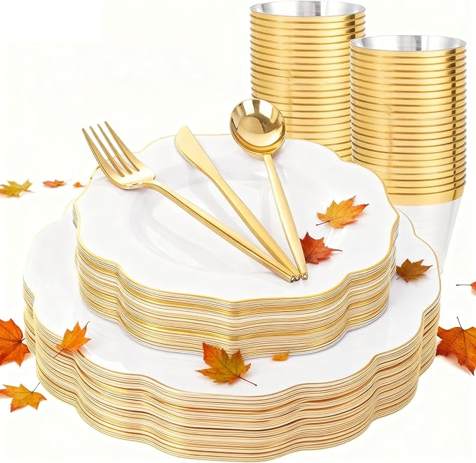 bUCLA 180PCS White and Gold Plastic Plates Disposable - White with Gold Rim Dinnerware Set Include 30 Guests Dinner & Dessert Plates, Cups, Cutlery Set for Wedding, Party & Thanksgiving Table Decor