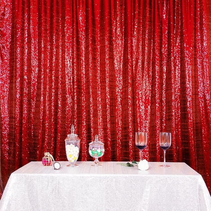 SquarePie Sequin Backdrop Curtain Not See Through Thick Glitter Background for Party 8FT x 8FT Red
