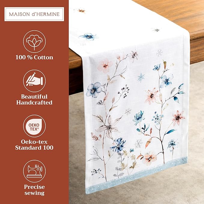 Maison d' Hermine Table Runner 100% Cotton Single Layer Table Runners 108 inches Long for Thanksgiving Christmas Decorations Home Kitchen Dining Party Wedding (Ice Florals, 14.5" x 108")