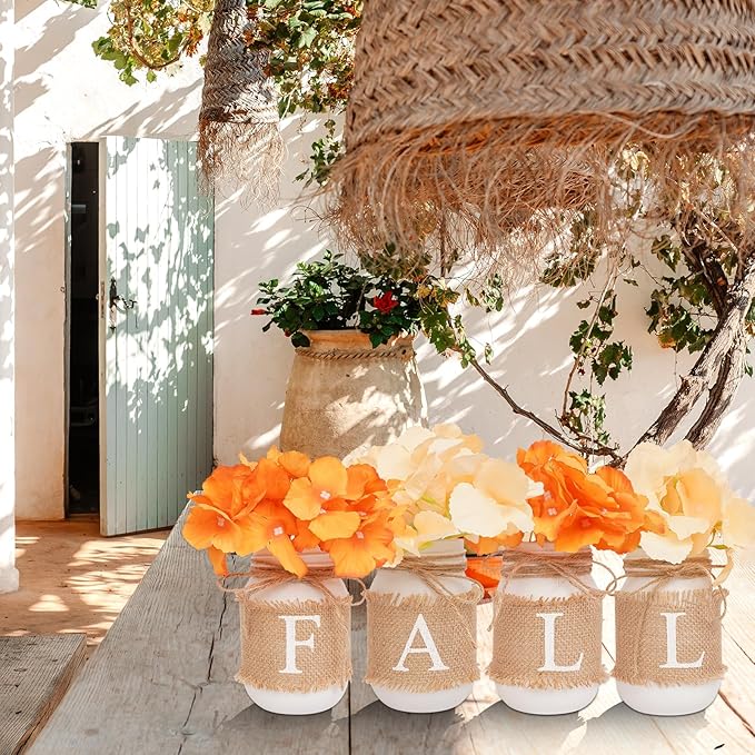 Fall Decor for Home, Autumn Themed Mason Jars Centerpiece Decorations - Perfect for Thanksgiving Decorations 4 Packs Fall Color Pint Mason Jars with Fall on Jute Cover