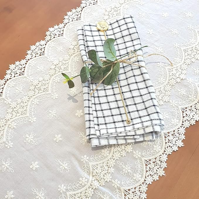 Inicia Cotton Lace Table Runner 12 × 86 inch Embroidered for Easter Holiday Wedding Picnic Daily Dining Tables White Decor (Cotton, 12"×86" (31cm×220cm))