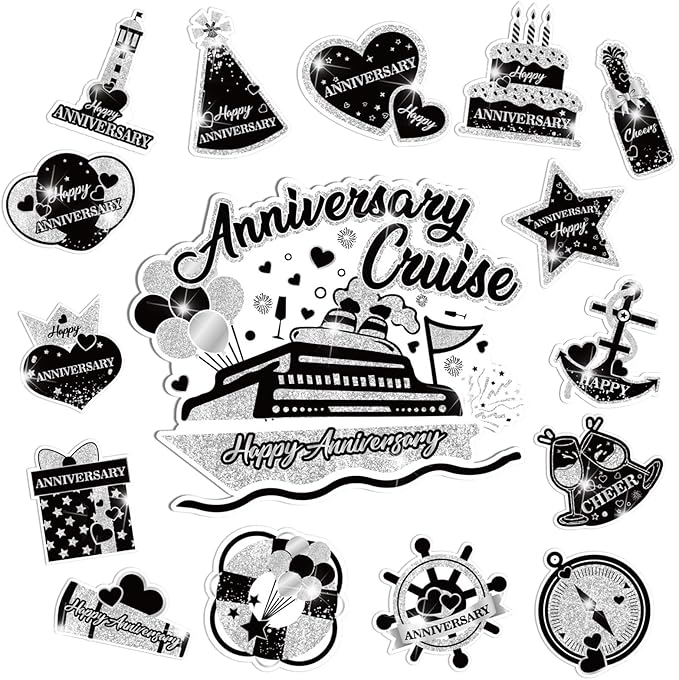 Happy Anniversary Cruise Door Magnets Decorations,Black Silver Happy Anniversary Cruise Ship Door Decor Magnetic for Married Men Women Wedding Party Refrigerator Fridge Car Kitchen Garage Personalized