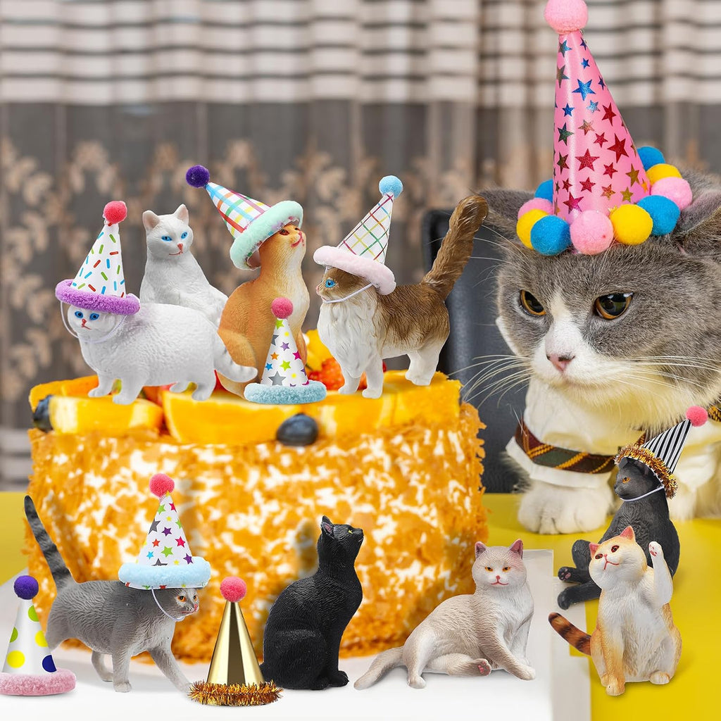 18 Pcs Cat Cake Toppers Figurine Hat Birthday Party Decorations