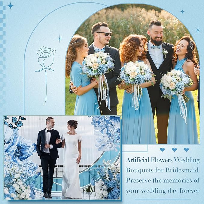 Tigeen Artificial Flowers Artificial Peonies Silk Flowers Faux Peony Fake Peony Silk Hydrangea Bouquet for Wedding Table Centerpiece Floral Vase Decor(White,Blue,12 Bundles)