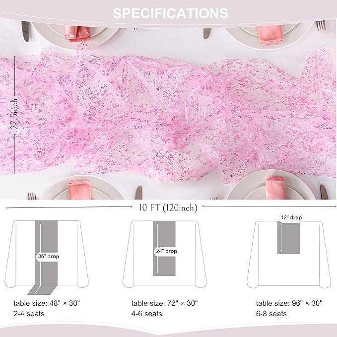 Snowkingdom 10 FT Pink Table Runner, Sequin Glitter Sheer Chiffon Gauze Cheesecloth Pastel Runner 120 Inch , Pink Party Table Decoration for Birthday Wedding Bridal Baby Shower Spring Summer Holiday