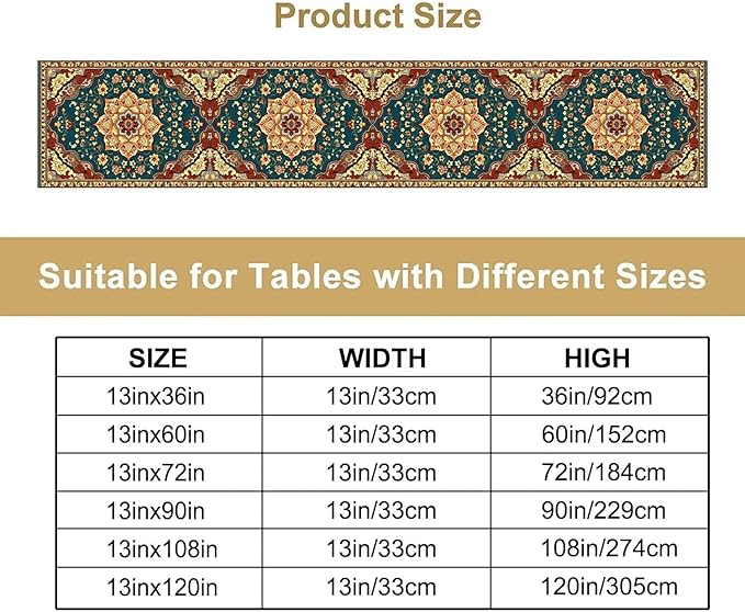 Boho Rich Table Runner, Vintage Blue Teal Gold Retro Flower Rustic Country Style Floral Print Pattern for Home Kitchen Table Decor Dining Coffee Room Garden Party Decor 13x72in