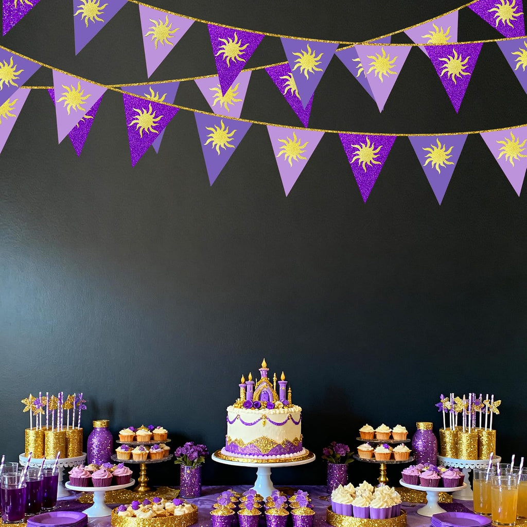 30Ft Purple Sun Party Decorations Purple Pennant Banner Flag Hanging Paper Triangle Bunting with Gold Sun for Birthday Bridal Shower Wedding Bachelorette Engagement Lavender Party Supplies