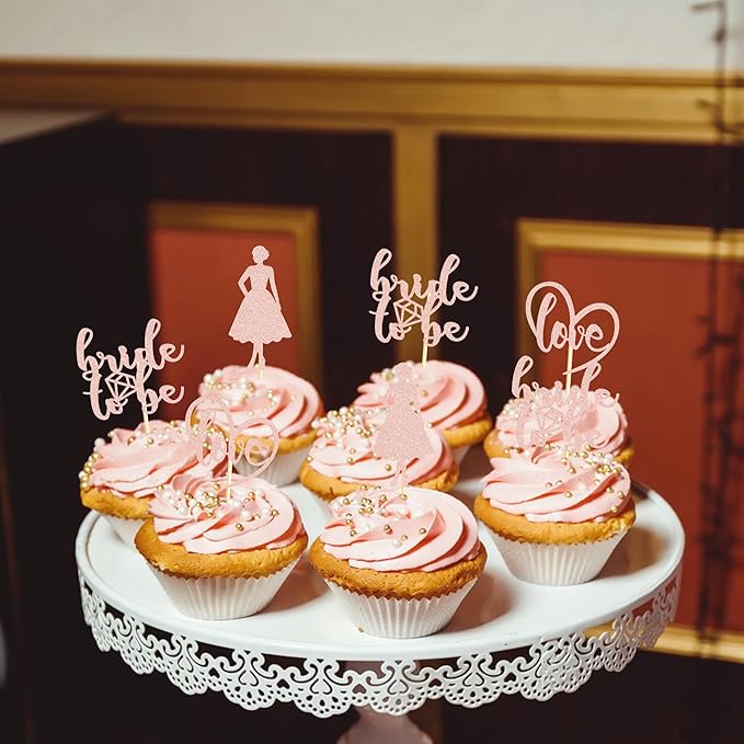 Sotpot 24PCS Bride to Be Cupcake Toppers with Heart Rose Gold Glitter Dress Bridal Shower Cupcake Picks for Wedding Bridal Shower Wedding Engagement Party Cake Decorations