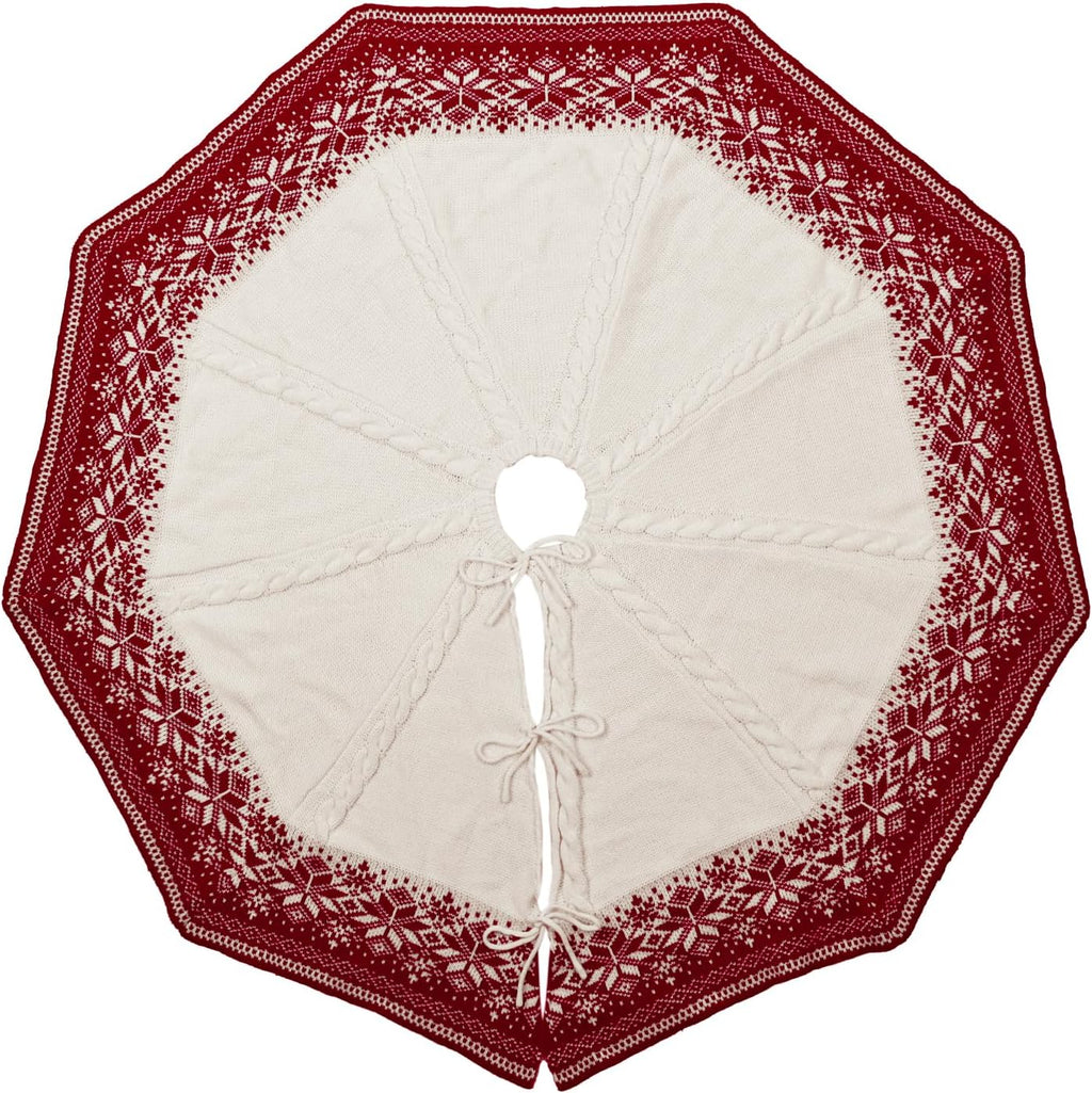 48 inch Christmas Tree Skirt: Cable Knit Tree Skirt with Red White Snowflake Polygon Edge, Tree Skirt for 7.5ft Tree, Vintage Tree Skirts, Rustic Farmhouse Christmas Decorations