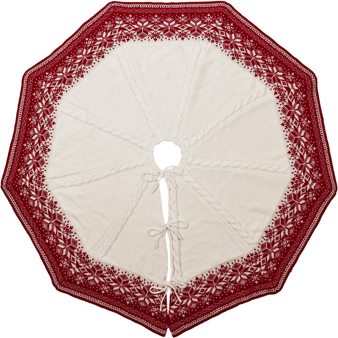 48 inch Christmas Tree Skirt: Cable Knit Tree Skirt with Red White Snowflake Polygon Edge, Tree Skirt for 7.5ft Tree, Vintage Tree Skirts, Rustic Farmhouse Christmas Decorations