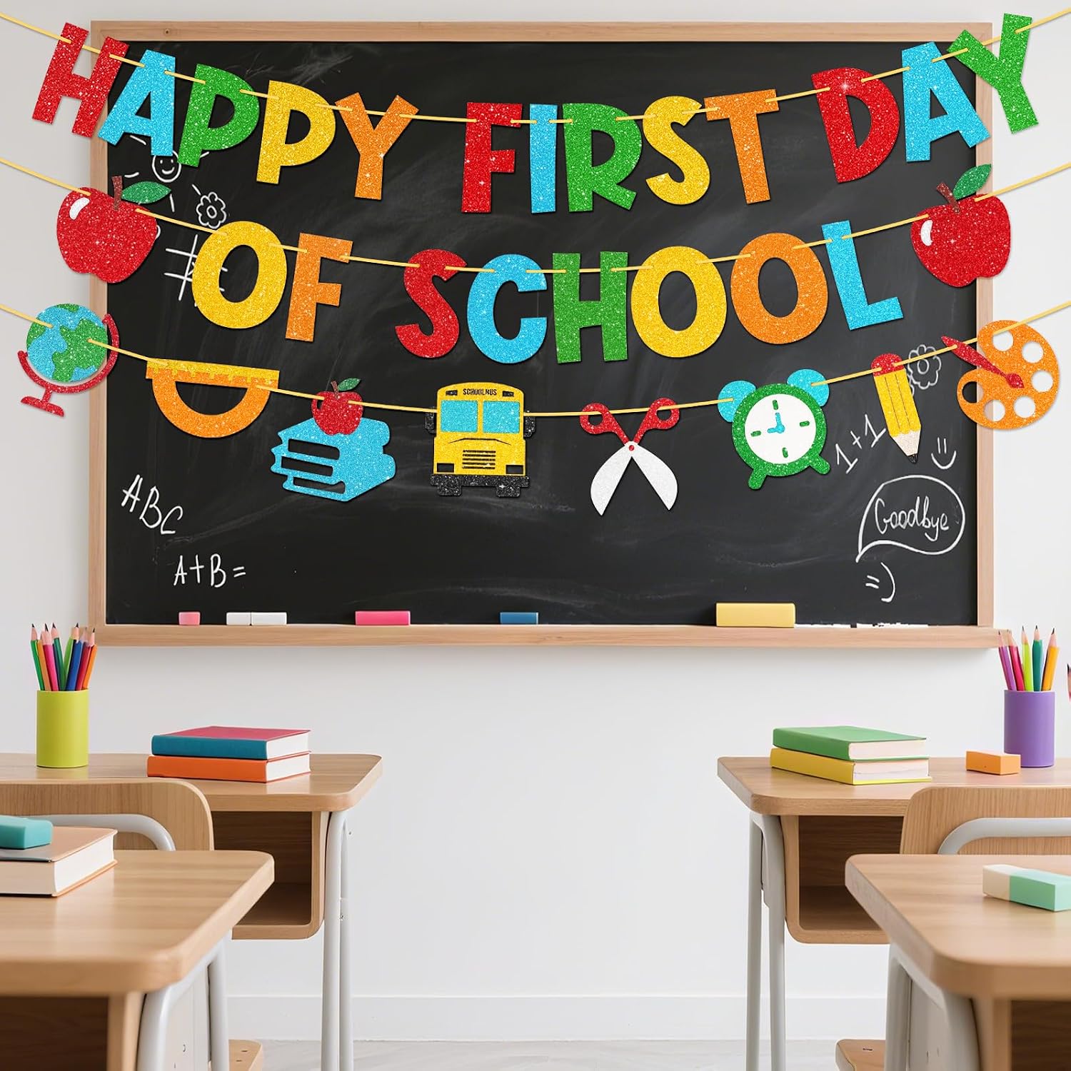 Shzbtdo Pre-Strung Happy First Day of School Banner, Glitter First Day of Kindergarten Decorations for Classroom, Welcome School Decorations for Kindergarten PreK 1st Grade Students