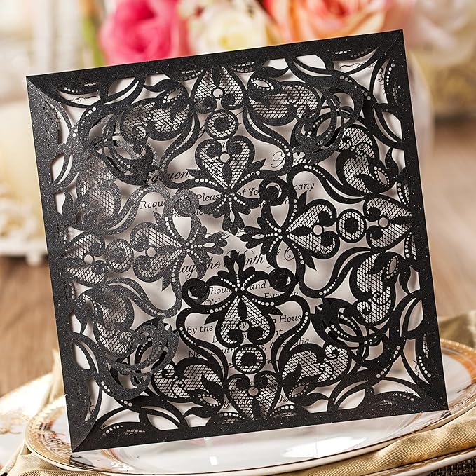 Hosmsua 6.3 x 6.3 Inch 50PCS Black Laser Cut Hollow Lace Rose Invitation Cards with Envelopes Wedding Invitations for Engagement Wedding Invite (Black, 50PCS Blank)