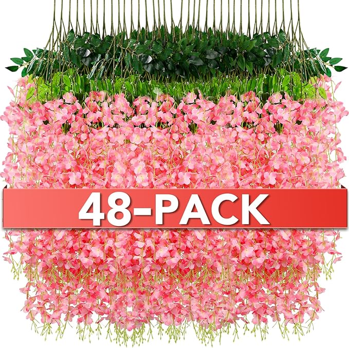 Wisteria Hanging Flowers,Fake Hanging Flowers,Wisteria artificiales Garland for Home Wedding Arch Floral Party Garden Ceremony Outdoor Decor,3.6 feet Long(48,Pink)