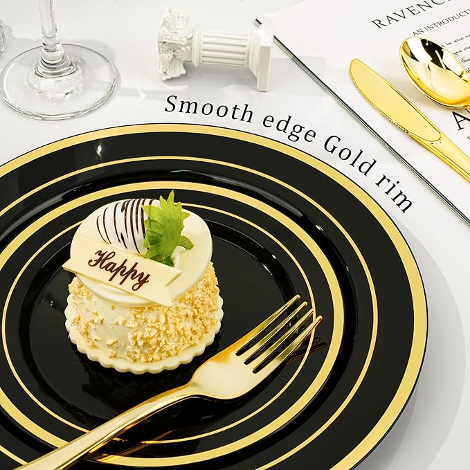 BESTVIP 300PCS Black Gold Dinnerware Set for 50 Guests, Plastic Plates for Halloween Party and Christmas, 50 Disposable Plates, 50 Dessert Plates, 50 Cups, 50 Spoons, 50 Forks and 50 Knives
