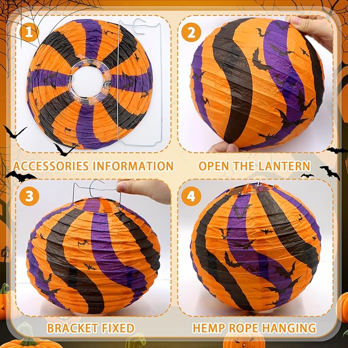 ADLKGG Halloween Party Decorations, Black Orange Purple Hanging Spider Bat Pumpkin Skeleton Paper Lantern for Halloween Birthday Decorations, Trick-or-Treating Events, Wedding,Garden Home Decor, 12pcs