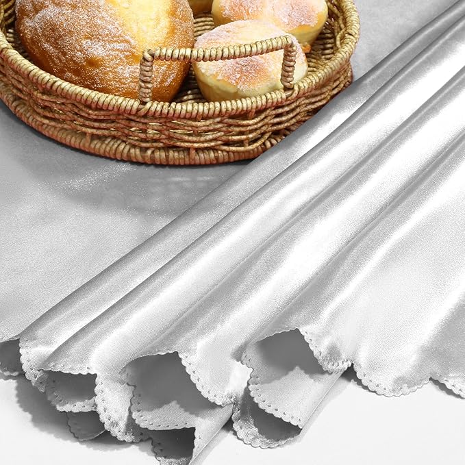 KKJIAF 1 Pack 60 Inch / 5ft Round Table Cloth, Silver Overlay Round Satin Table Cover, Silky Satin Dining Tablecloths for Wedding Buffet Parties Banquet Decoration