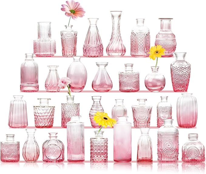 Pink Glass Bud Vase Set of 30, Small Flower Vases in Bulk, Mini Vintage Vases for Centerpieces, Home, Parties, Wedding Table Decoration (30 Pack)
