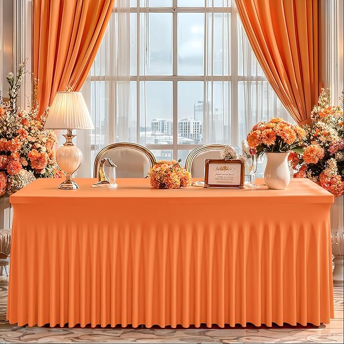 Wish Care 2 Pack Orange Spandex Table Clothes for 4 Foot Rectangle Tables, 4FT Wrinkle Free Fitted Tablecloths Ruffles Design Table Cover for Party, Banquet, Wedding and Events
