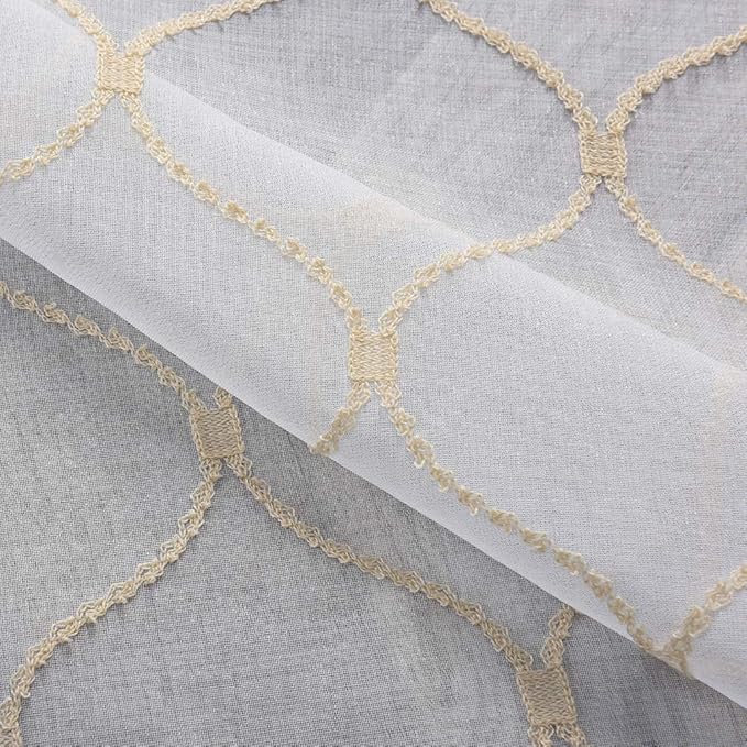 Sheer Curtains Gold 95 Inches Long, Embroidered Wave Diamond Window Treatments Rod Pocket Drapes for Living room, Bedroom, Semi Crinkle Voile Curtain Panels for Yard, Patio, Villa, Set of 2, 52"x95".