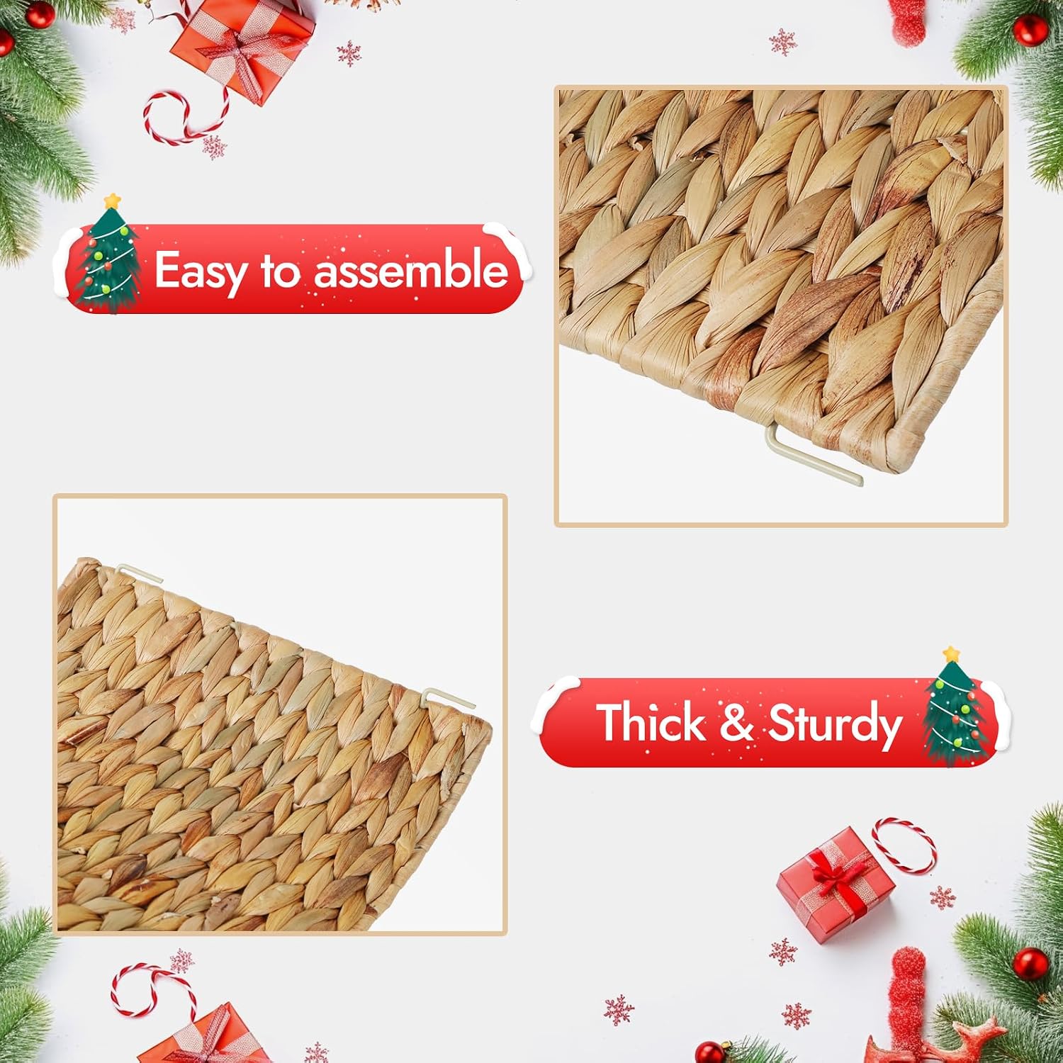 YANGQIHOME 24in Christmas Tree Collar, Rattan Tree Skirt, Woven Water Hyacinth Tree Base Cover for Home Decoration with Cord Cut-Out