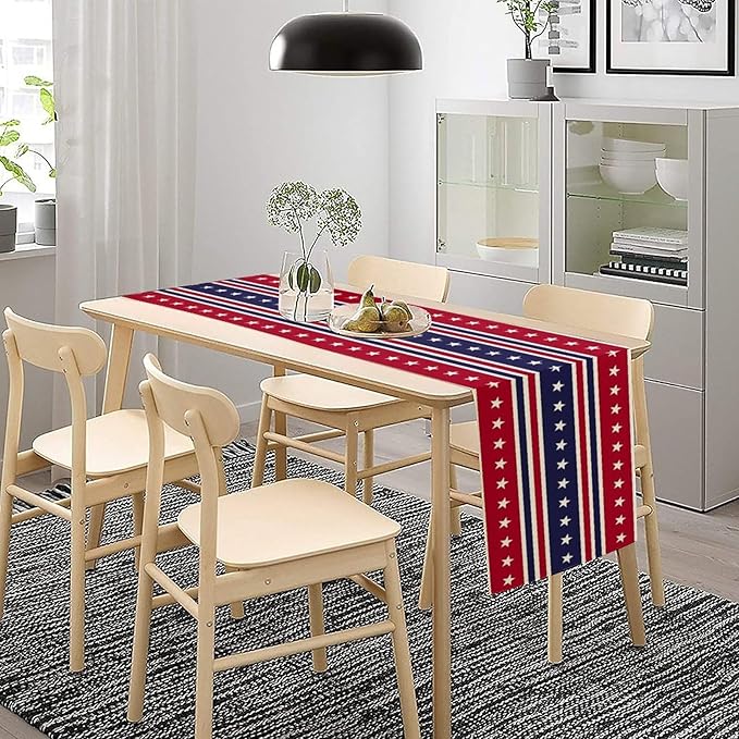 4th of July Table Runner, USA Flag Stars Stripes American Independence Day Red Blue White Stars Lines Print Table Cover for Farmhouse Kitchen Indoor Outdoor Home Party, 13x60inch