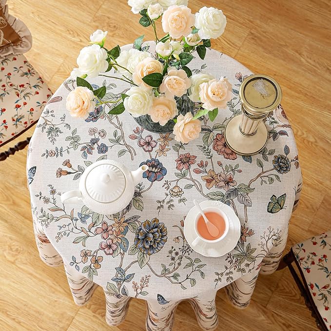 ISAENNE Designer French Light Beige Round Tablecloth,Linen Florals and Birds Pattern Table Cloth,Anti-Wrinkle Decorative Tablecloths for Dining Thanksgiving Kitchen,Diameter 67"-Cornucopia