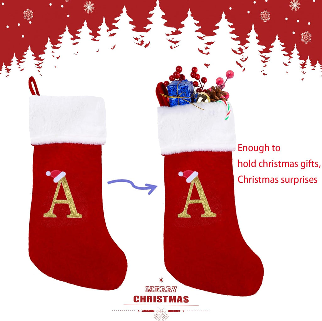 20 Inches Monogram Christmas Stockings with Letters Large Super Soft Christmas Stockings, Red Velvet with White Plush Cuff Embroidered Xmas Stocking for Christmas Family Decor Letter A