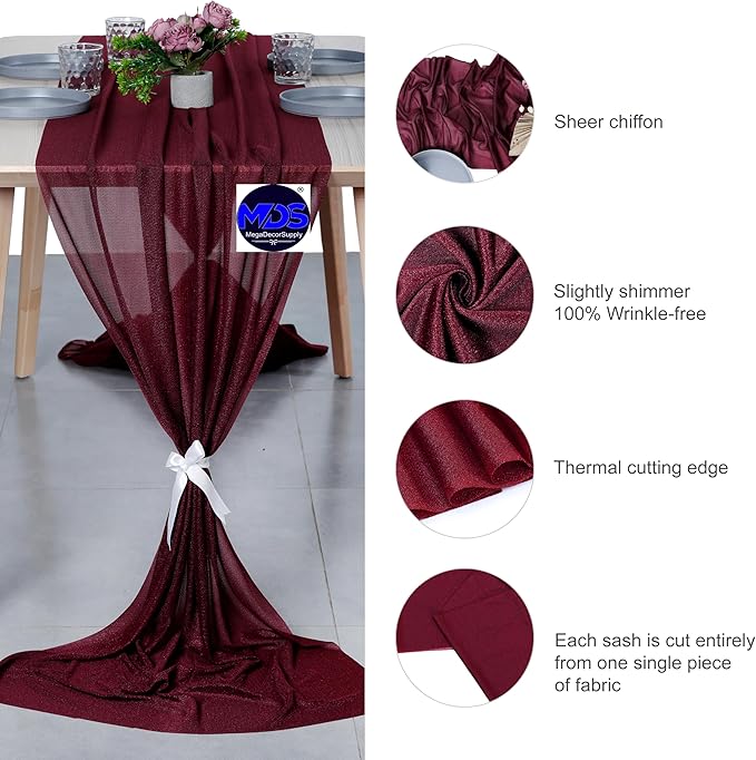 MDS 2 Pack 14ft Chiffon Table Runner 29 x 170 Inches Sheer Wedding Runner Romantic Rustic Table Runner for Wedding Decorations, Birthday Parties, Bridal Shower Party Arch Decor - Burgundy
