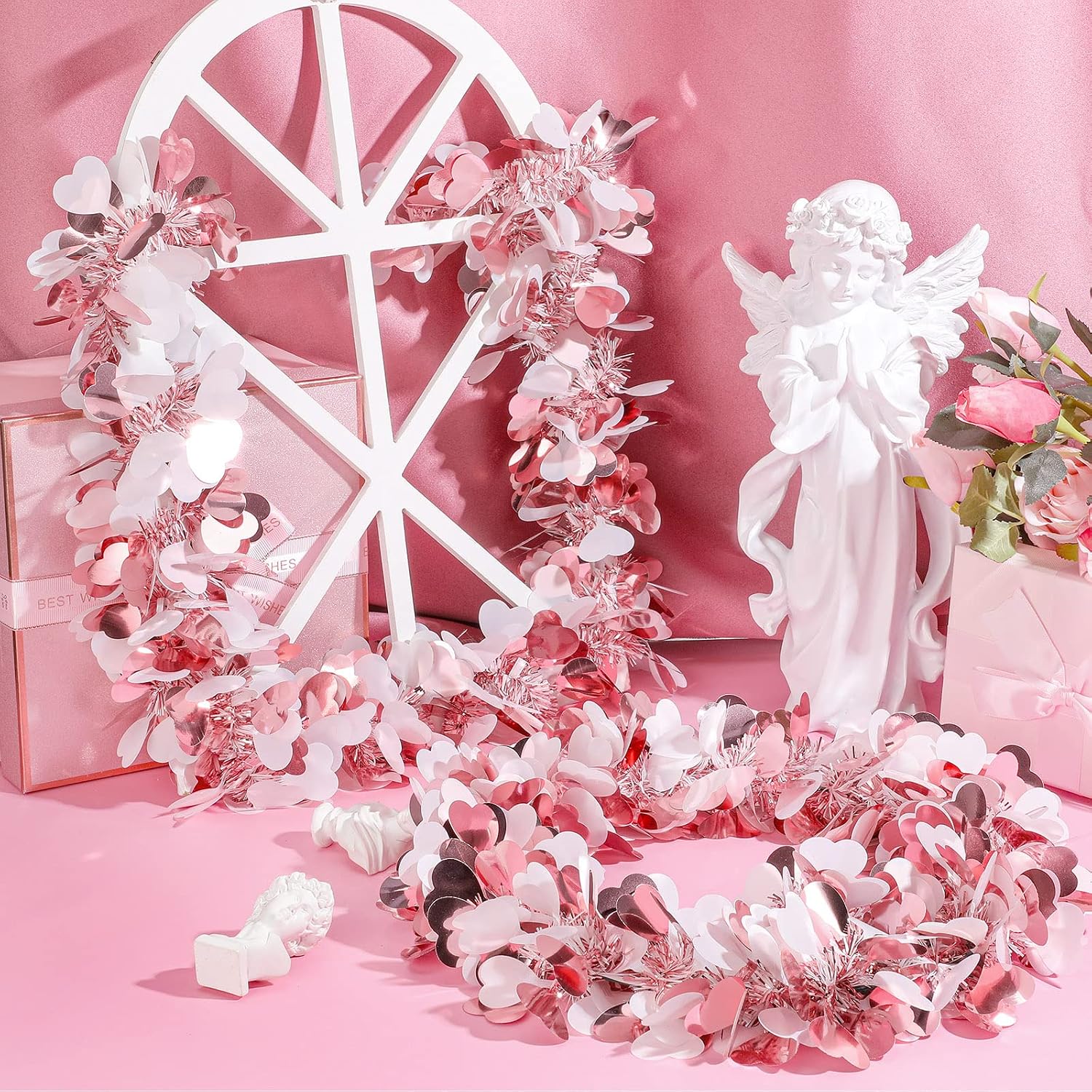 MTLEE 4 Pieces Valentine Tree Decorations Valentines Garland Shiny Heart Tinsel 6.56 Feet Each Metallic Tinsel Twist Garland for Mantle Tree Ornaments Wreath Wedding Party (Pink)
