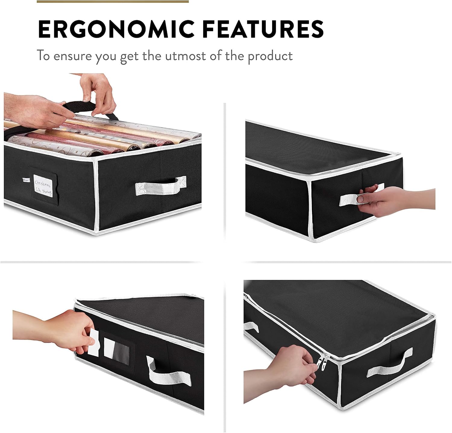 ZOBER 600D Oxford Gift Wrapping Paper Organizer Storage - 40" Gift Wrap Storage Containers with Interior Pockets for Bows, Tags & Ribbons - Wrapping Paper Holder, Fits 24 Standard Rolls, Black/White