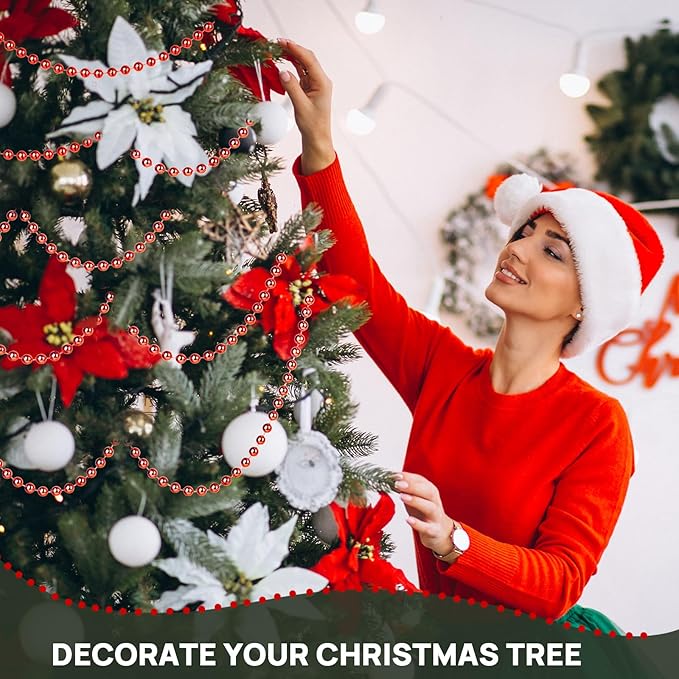 Red 8MM Faux Pearl Garland, 33 Feet Roll Strand Wedding Party Decoration, Christmas Tree Decorations